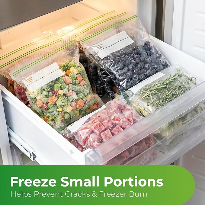 Quart Size Freezer Bags – 150 Count, Resealable, Extra Strong 2 Mil Leak Proof Double Zipper Clear Stand Up Food Bags