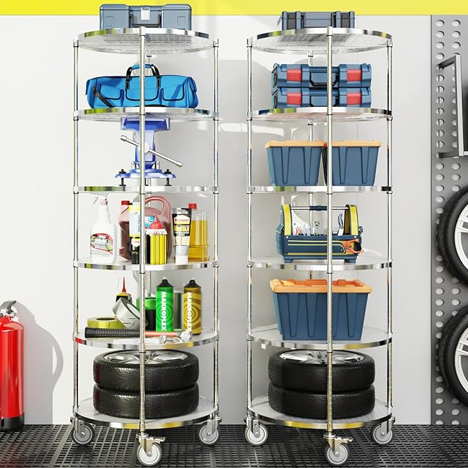 6 Tier NSF Metal Shelf Round Corner Wire Shelving Unit, 2400lbs Capacity Heavy Duty Adjustable Storage Rack with Shelf Liners for Kitchen Garage Office Etc Room Corner, 85.5"H x 30"L x 30"D - Chrome