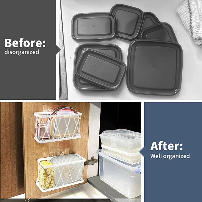 Rise Age Adhesive Cabinet Organizer, Wall Mounted Lid Organizer, No Drill Kitchen Cabinet Storage for Slim Space, 3 Pcs White Stainless Steel