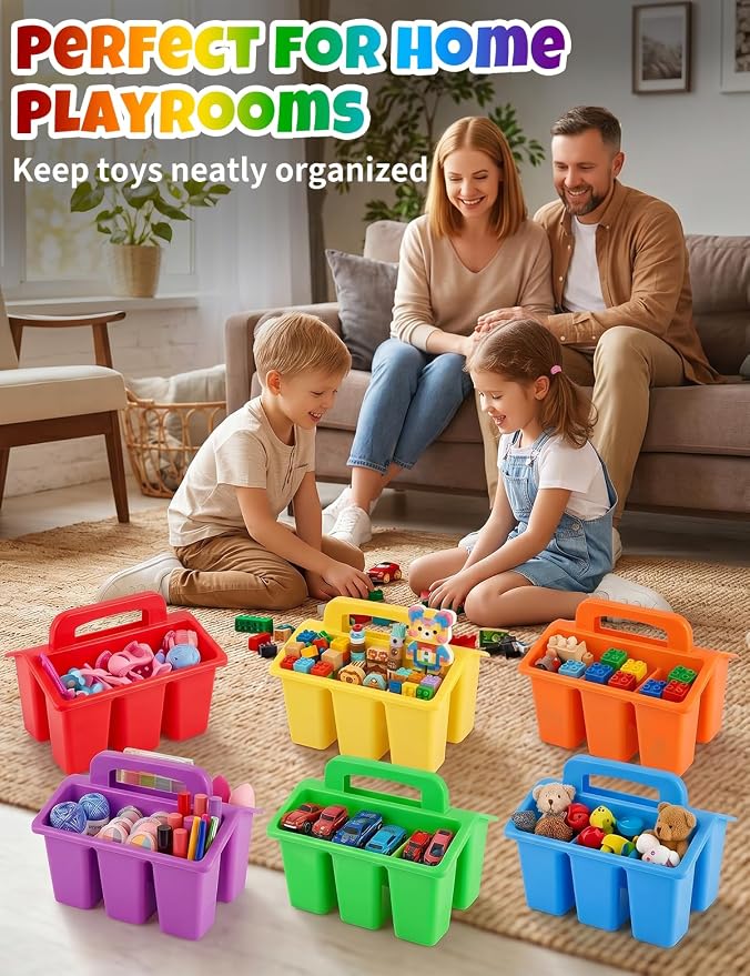 6 Pack Classroom Caddy Organizer with Handle, Table Caddy Classroom | 4 Compartments, 9×6.3×6.7 inches, Thick Durable PP Plastic, Built-in Handle, Stackable Design, for Classroom Desk Office Home