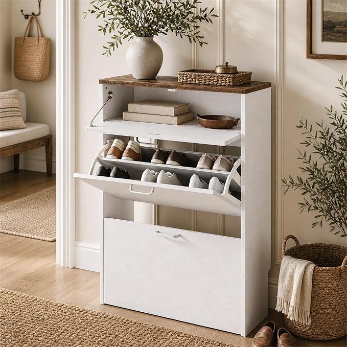 VINGLI Shoe Cabinet Storage for Entryway Ultra Slim with 2 Flip &1Drop-Down Drawers, 24.8" W Narrow Shoe Cabinet for Front Door Entrance,Freestanding Rustic White Wood Shoes Organizer for Hallway