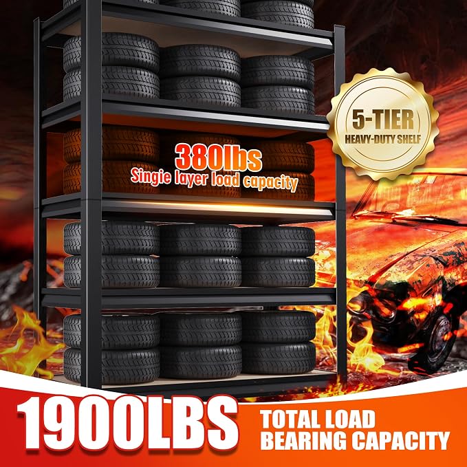 9-Pack Heavy Duty Metal Shelving Units, 71" H x 28" W x 12" D, 5-Tier Adjustable Steel Storage Racks for Garage, Warehouse, Industrial, and Home Organization, 1900 lbs Capacity