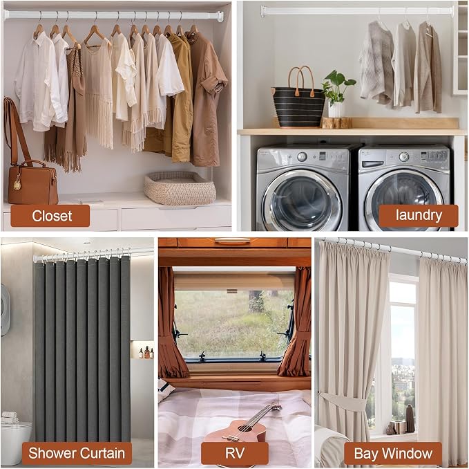 Closet Rods for Hanging Clothes, 17-42 Inch Stepless Adjustable Closet Rod, 1.3 Inch Heavy Duty Metal Clothes Hanging Rod, Expandable Closet Bar Hanger Rod for Closet Wardrobes Laundry RV White