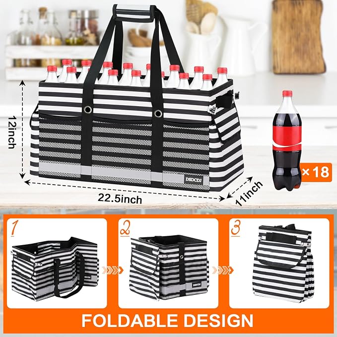 Extra Large Utility Tote Bag with Reflective Strip, Standing Reusable Grocery Bags with Hard Bottom, Collapsible Utility Tote with Handles for Shopping, Beach, Picnics, Car, Striped Black