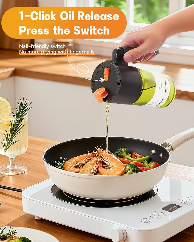 Olive Oil Sprayer & Dispenser for Cooking, 17oz Dark Glass Oil Mister, 2PC | 2-in-1 Sprayer & Pourer, Leakproof, Fine mist, Light-Blocking, Wide Mouth for Easy Refill & Clean, 8 Oil Labels, Reusable