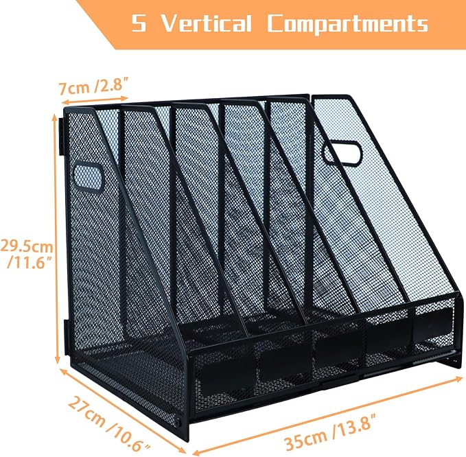 Magazine file holder for desk with 5 Vertical Compartments Folder Storage Binder Organizer for Office Home School Organization, Black