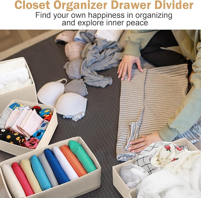 Potchen 24 Set Fabric Dresser Drawer Organizer Bins Dividers for Clothes – Nursery Home Bins Fabric Foldable Closet Clothing Wardrobe Storage Box Container Basket for Bras Socks Underwear(Beige)