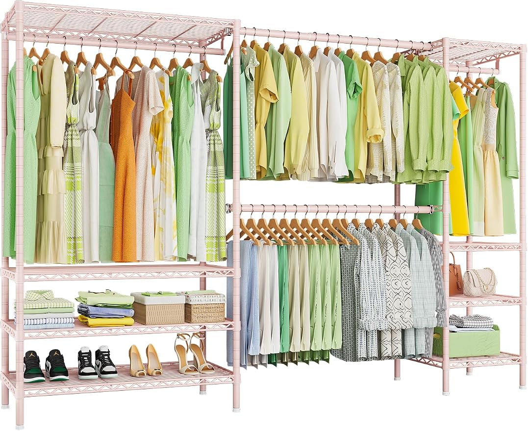 Ulif E11 Heavy-Duty Garment Rack, Metal Freestanding Clothes Rack and Closet Storage Organizer System with 8 Shelves and 4 Hanger Rods, (73.2-97.6)" W x 14.5" D x 71.2" H, Load 1034 LBS, Pink