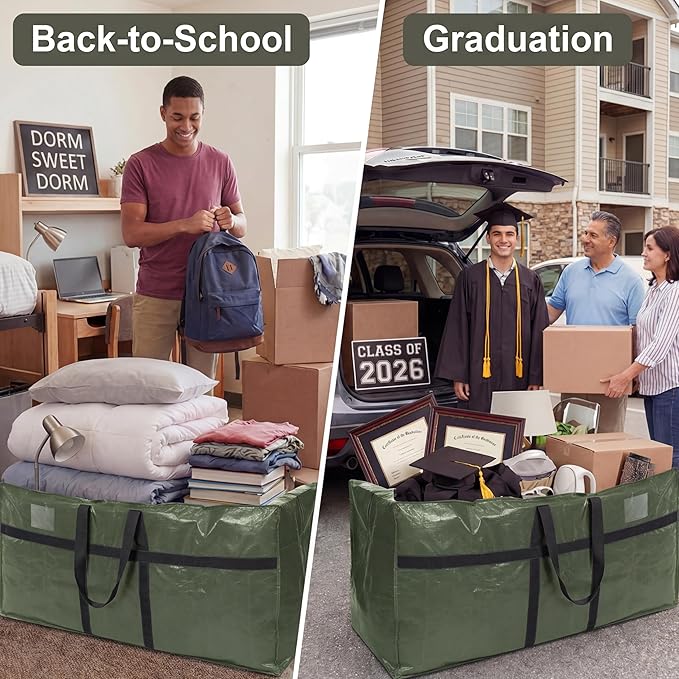 4 Pcs 194 Gallon Extra Large Moving Bags Heavy Duty Storage Bag with Strong Zipper Handle Foldable XXL Jumbo Storage Tote Packing Moving Box for College Dorm Travel Cloth Duffle (Green)