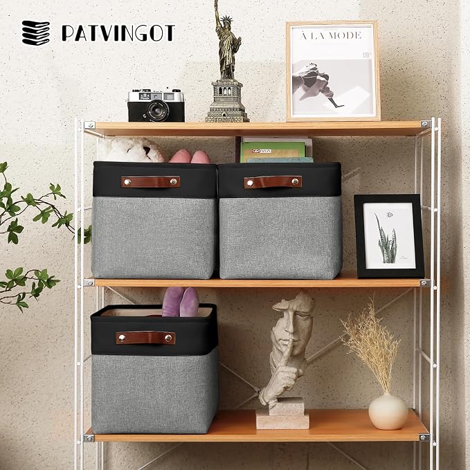 Patvingot Fabric Storage Cubes 11", 4 Pack, with PU Pull Handles,Foldable | For accessories on cube shelves or in closets; reinforced opening, pull-out access, folds flat when empty,dark and gray