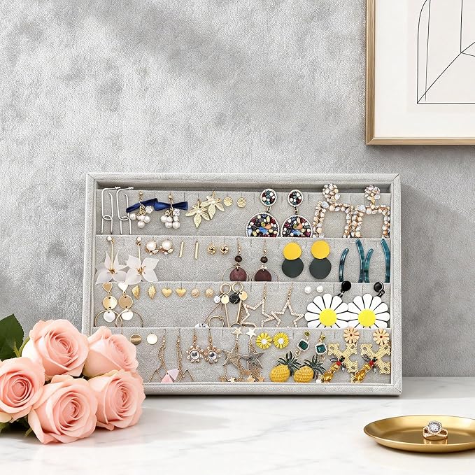 Stratalife 40 Pairs Stud Earring Organizer Tray, Stackable Velvet Jewelry Organizer for Women, Jewelry Storage Display Tray for Drawer, 13.8" x 9.4" x 1.2", Grey