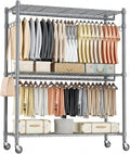 Homdox Rolling Clothes Rack Heavy Duty, 3-Tier Adjustable Wire Shelving Garment Organizer with Double Rods & Hooks, Portable Clothes Rack with Wheels, 17.72" D x 47.24" W x 80.71" H, Grey