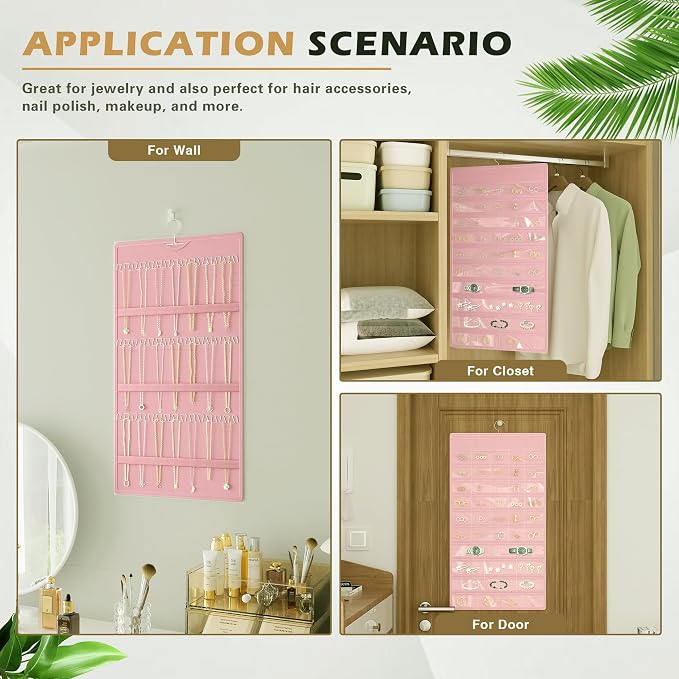 Hanging Jewelry Organizer, Double-Sided Necklaces Holder, Pink | 42 clear pockets organize rings & earrings; 36 wire necklace hooks reduce tangles; top hook hangs in closets, walls or doors.