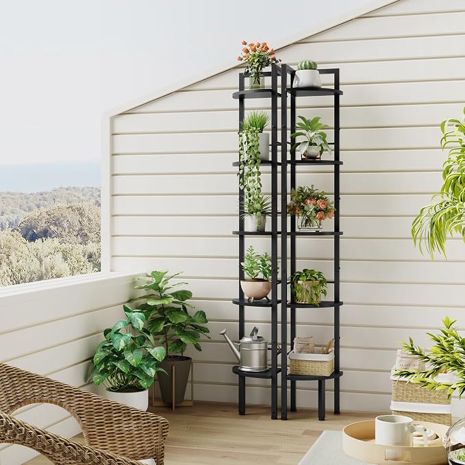 Tajsoon Narrow Corner Shelf Stand 5 Tier 60.5" Industrial Corner Ladder Shelves with Metal Frame, Multipurpose Tall Corner Bookshelf Bedroom, Living Room, Office, Kitchen, Black