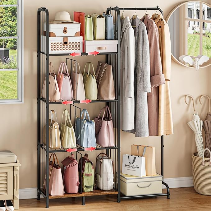 Honkazita 4-Tier Purse Storage for Closet with Adjustable Feet & Dividers, High Capacity Closet Purse Organizer for Small Place Iron & Wood Handbag Storage - Purse Organizer for Closet & Narrow Spaces