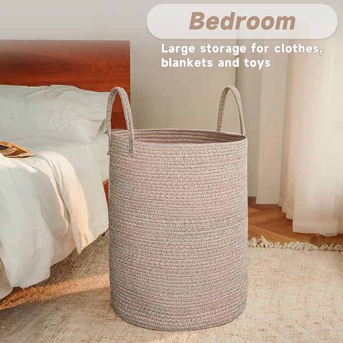 JMvicyroam Large Woven Laundry Basket Hamper,100L Cotton Rope Storage Bin for Blankets,Toys and Clothes,Decorative Tall Nursery Hamper for Living Room,Baby Nursery,Bathroom and Bedroom,Oatmeal