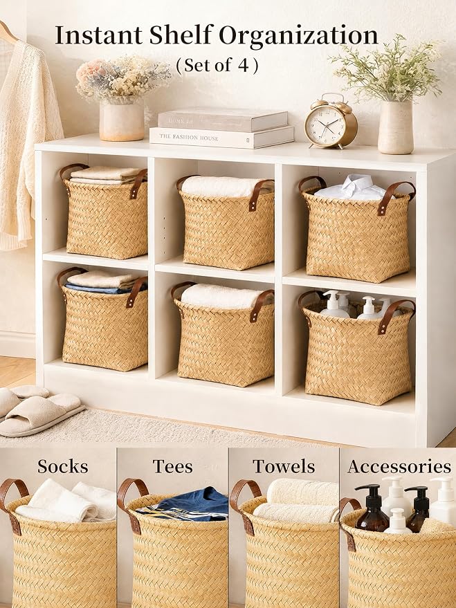 Hand Woven Baskets for Storage, 4Pcs Water-Resistant Wicker Baskets, Yellow Wicker Storage Baskets for Shelves, Large Basket with Handle for Organizing, Closet, Laundry, Blanket - Round
