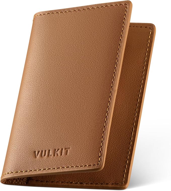 VULKIT Leather Business Card Holder 2 Sided Slim Business Name Card Organizer for Men or Women(Nappa Brown)