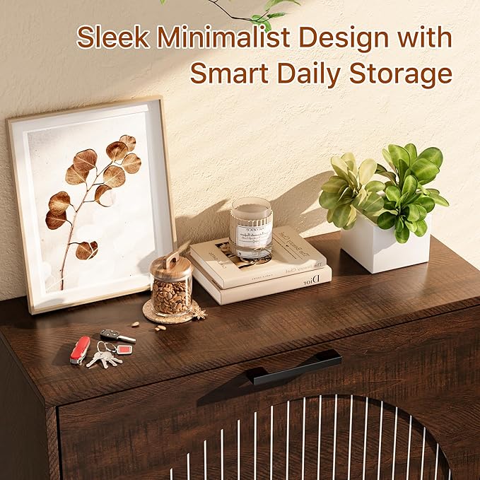 Farmhouse Shoe Cabinet Storage for Entryway, Slim Shoe Rack Cabinet with 3 Flip Drawers, Narrow Shoe Organizer Cabinet with Stylish Round Panel, Metal Leg and Handle
