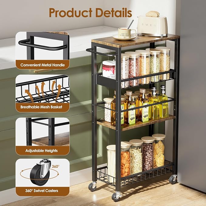 Slim Rolling Storage Cart, 4 Tier Narrow Storage Cart, 9.1in(W) | Metal Kitchen Rolling Cart for Small Spaces, Narrow Shelf for Kitchen, Laundry Room, Bathroom, Living Room