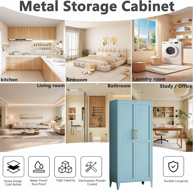 Lockable 61 Inch Tall Metal Storage Cabinet,2-Door Metal Pantry Cabinet with Adjustable Shelves, 4-Tier Steel Storage Locker for Bedroom Kitchen, Home Blue 61" H X 27.6" W X 13.8" D