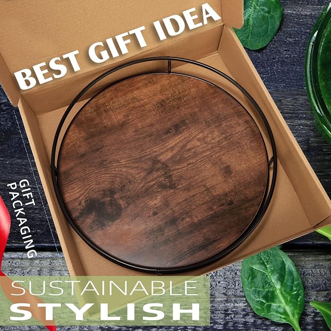 12" Rustic Brown Wood Lazy Susan,360° Decorative Turntable for Countertop