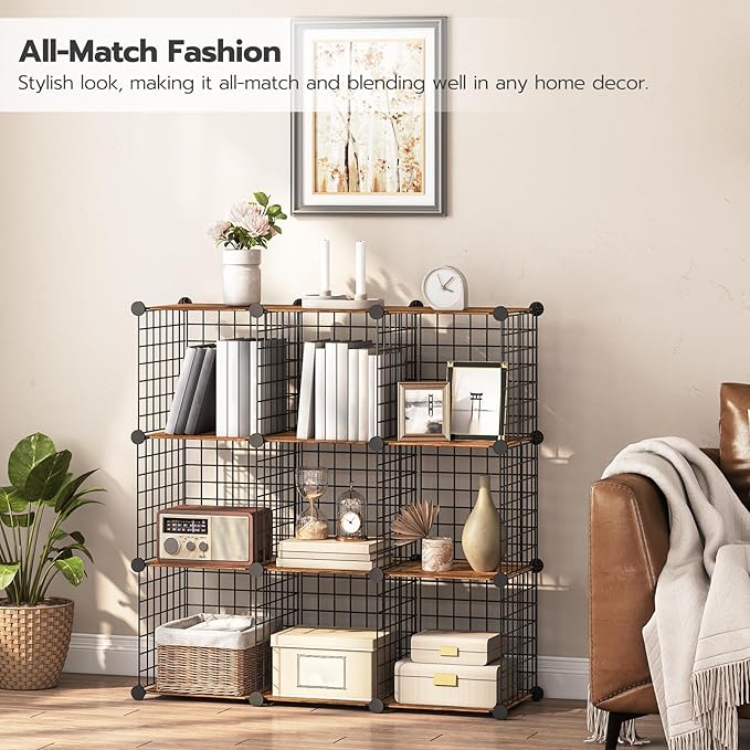 HOOBRO Wire Cube Storage Organizer, 6-Cube Metal Storage Shelves, Modular Closet Organizer, DIY Closet Cabinet for Home, Living Room, Office, Rustic Brown and Black BF09CW01
