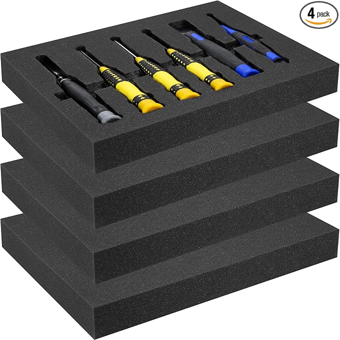 4pcs High Density Packing Foam Sheets, Black Polyurethane Foam Padding, Cushioning Foam Inserts for Cases, Shipping, Storage Drawer - 16" X 12" X 2"