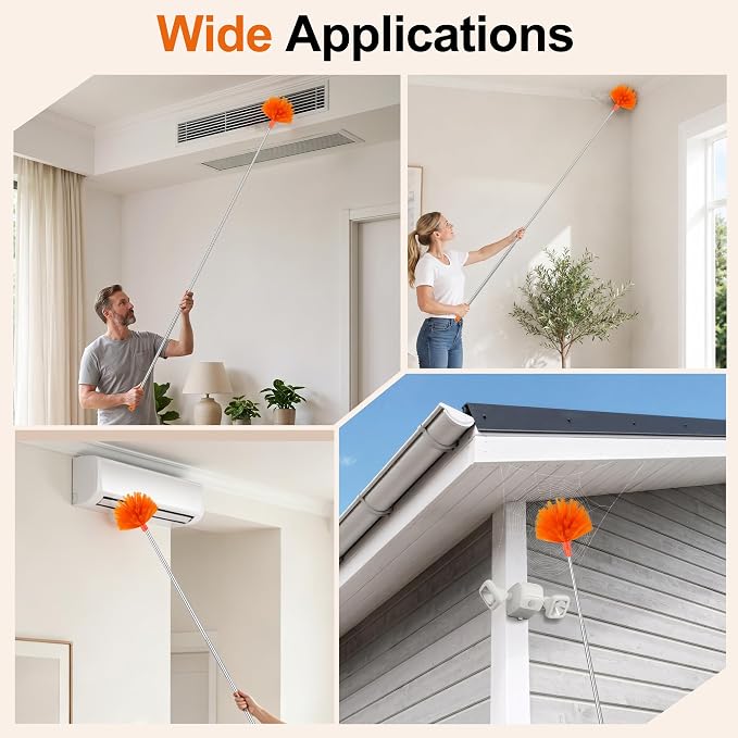 Cobweb Duster with Extension Pole, Pole5-Piece Spider Web Brush with Pole Kit, 100" Telescoping Microfiber Feather Dusters for Cleaning, Bendable Washable Dusters for High Ceilings, Ceiling Fans