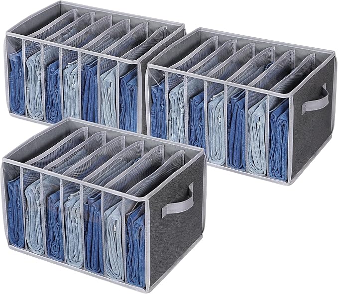 Zilink Upgraded Wardrobe Clothes Organizer with Support Board Clear Jean Organizer for Closet with 7 Grids Pants Organizer for Closet Shelf for Jean Pant Sweater Legging T-Shirt, 3 Pack