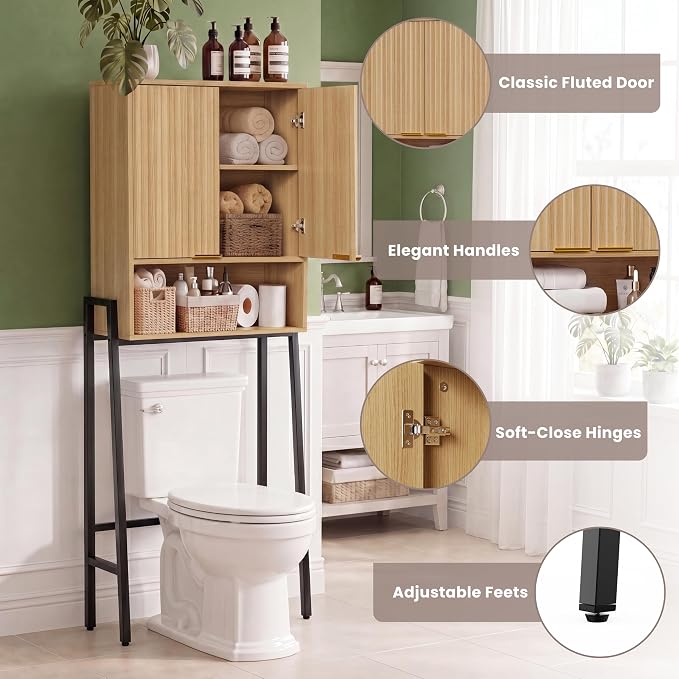 25" W Over The Toilet Storage Cabinet with Fluted Door,Bathroom Organizers and Storage with Adjustable Shelves, Modern Over Toilet Organizer for Bathroom,Restroom,Laundry,Oak