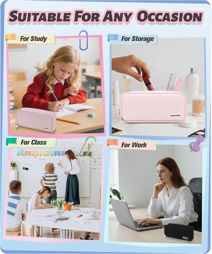 FAHZON Cute Pencil Case, 3 Large Compartments Pencil Pouch, Elastic Pen Slots&Mesh Pockets for Stationery, Pencil Bag for School Supplies with Zipper for Girls Boy Women Teens Adults-Black