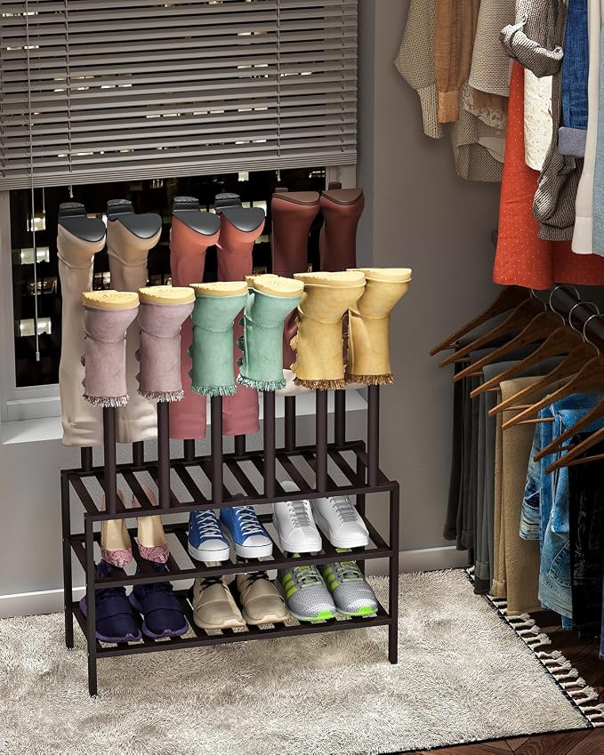 viewcare Boot Rack, Brown Boot Rack Organizer Tall Boots with Shoe Rack for Closet, Bamboo Wood Shoe Shelf Storage Organizer for Entryway Space