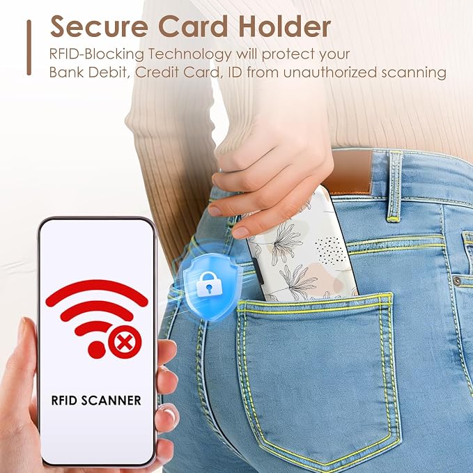 RFID Blocking Credit Cards Holder Mini Wallet Metal Business Card Case, Hard Protector Credit Card Case for Women Men, Abstract Leaf