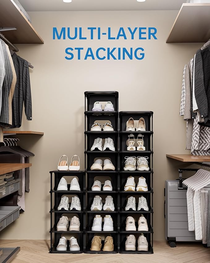 HAIXIN 14 Tier Vertical Black Shoe Rack for Front Door Entrance - Tall Shoe Organizer for Small Spaces, Closet Narrow Small Shoe Shelf Cabinet Free Standing Racks Holder Stand | Slim vertical shoe rack saves space, stackable modular design, easy to ass...