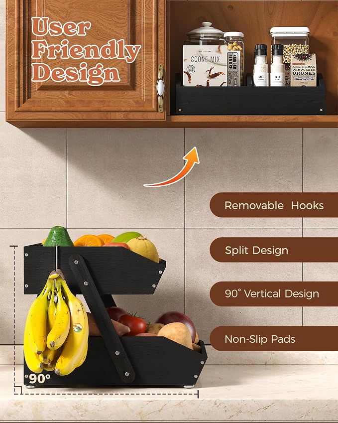 Sevenblue 2-Tier Bamboo Fruit Basket with 2 Banana Holders Black | Large tiered organizer for bread, snacks, veggies. Sturdy bamboo, includes mats & dividers. Easy to assemble.