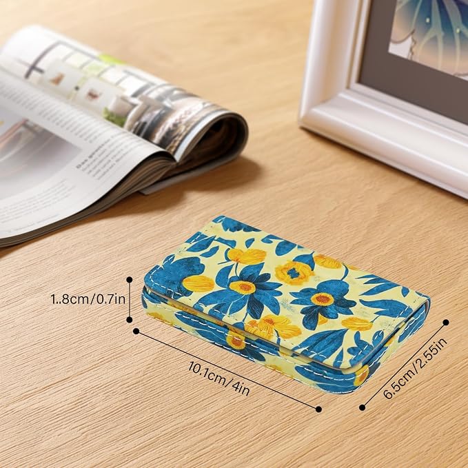 Business Card Holder，PU Leather Business Card Case Color Printing Pattern Card Holder Wallet，Pockets Magnetic Credit Card Holders for Men and Women - Pink Flowers