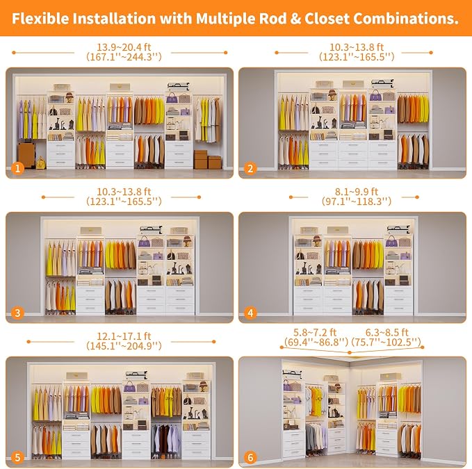 Closet System with 3 Sets, 6–20 FT Closet System with 9 Drawers, 9 Shelves & 7 Adjustable Hanging Rods, Max 244.3" Closet Organizer Systems for Walk-in Closets, Modular Custom Closet Tower, White