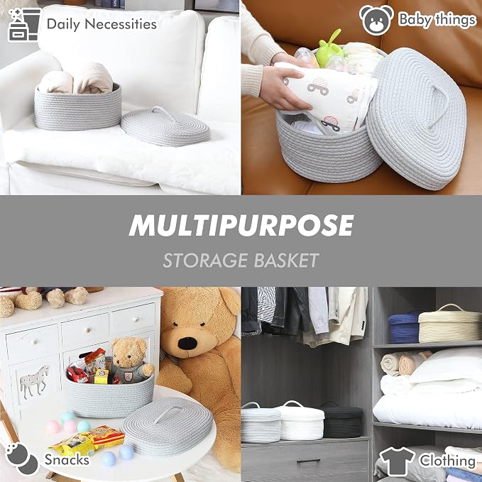 Sea Team Oval Cotton Rope Storage Basket with Lid, Lidded Woven Storage Bin, Nursery Storage Container, Diaper Caddy, Baby Shower Basket, Box, Organizer, 15 x 11 x 6.5 Inches (Medium, Grey)