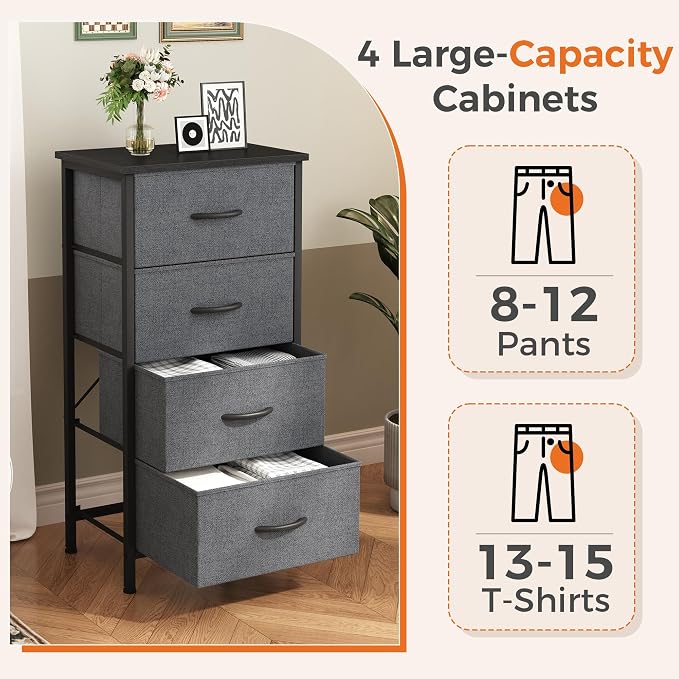 Sweetcrispy 4 Fabric Drawer Small Dresser, Bedside Nightstand with Wooden Top Sturdy Frame, Entryway Closet Bedroom Storage Cabinet Furniture for Dorm,Grey