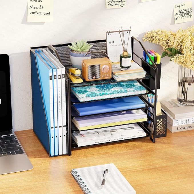 Simple Trending 5-Tier Desk File Organizer with 2 Pen Holders, Black | 17.5"L x 9"W x 13"H, 5 Trays + Side File Holder + 2 Pen Containers, Powder-coated Steel Mesh, Easy Assembly, 24H Support