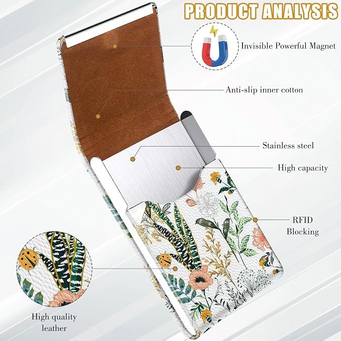 2Pack Leather Stainless Steel Business Card Holder, Metal Slim Business Card Case for Women or Men, Pocket Business Card Carrier with Prints, Magnetic Closure, RFID Blocking