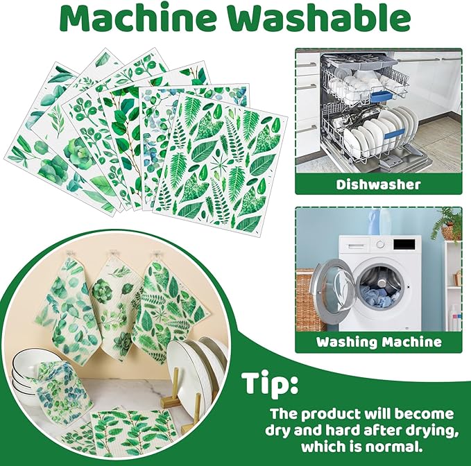 Needbrock 6 Pack Swedish Dishcloths for Kitchen, Swedish Rags Absorbent Green Leaf Dish Cloths with Adhesive Clips, Reusable Paper Towels No Odor for Countertop Dishes Cleaning