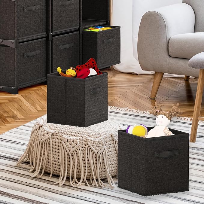 Nestl Foldable Fabric Storage Bins - 6 Cube Organizer with Handles, Black, 11-Inch for Bedroom, Playroom and More