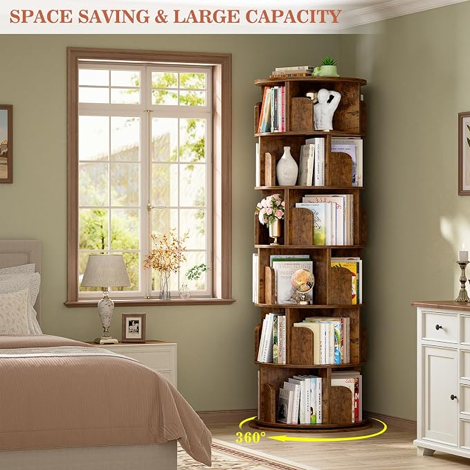 Aheaplus 6 Tier Rotating Bookshelf, Wood Spinning Bookshelf Tower, Round Revolving 360 Bookcase, Narrow Turning Book Shelf Rolling Corner Organizer for Small Space, Bedroom, Office, Rustic Brown