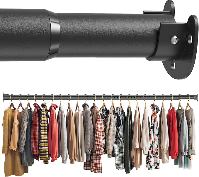 Metal Closet Rod 1.3" Heavy Duty Adjustable Hanging Rod 17-99 Inch | Black, Stainless Steel, 1.3 Inch Diameter, Wall Brackets Included, For Hanging Clothes, Walk-In Closets, Laundry Rooms