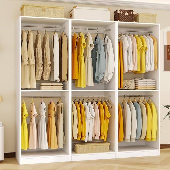Closet System with 9 Hanging Rods& Shelves , 6FT Small Closet Organizer System Storage Wood with Extra Side Hanging Rod for Walk in Closet, Adjustable Modular Closet Systems Customize, White(6FT)