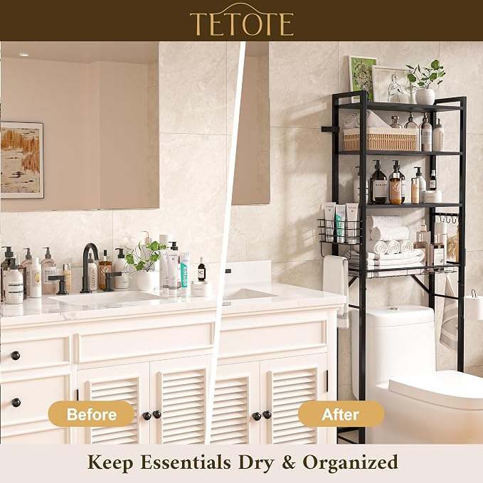 TETOTE Over-The-Toilet Storage Rack, 4-Tier Bathroom Organizer Shelf Over Toilet with Adjustable Shelf and Basket, Freestanding Space Saver Bathroom Shelves Above Toilet for Room(Black)