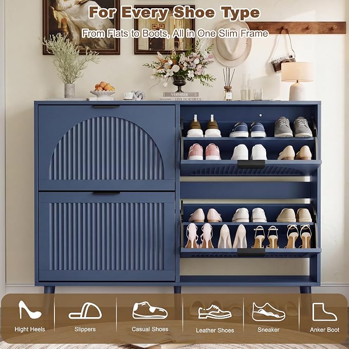 Shoe Storage Cabinet with 4 Flip Drawers, Narrow Wood Shoe Organizer Cabinet with Fluted Panel, Slim Shoe Rack for Entryway, Freestanding Shoe Cabinet for Living Room, Hallway, Blue