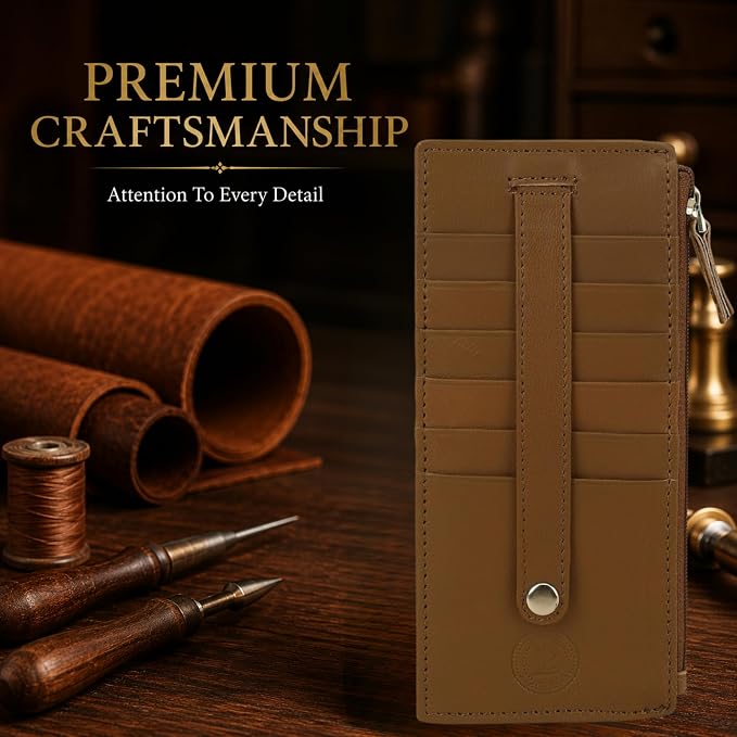 All in One Card Case Holder Slim Wallet With a Card Protection Strap by Leatherboss (Tan)